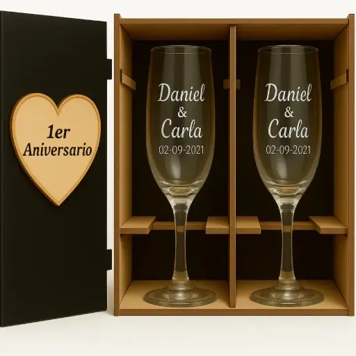 Dos Copas Champagne Con Cofre Grabado Laser Souvenir